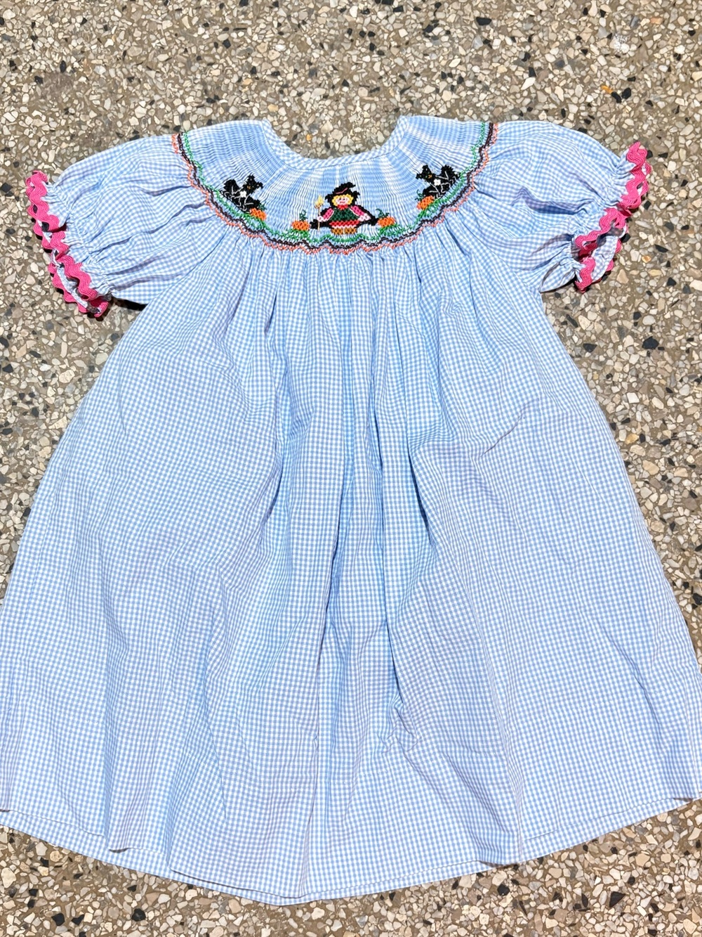 Rosalina blue and white gingham baby dress with embroidered collar and pink ruff
